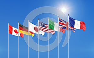 Big Seven. G7 flags Silk waving flags of countries of Group of Seven Canada, Germany, Italy, France, Japan, USA states, United