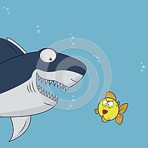 Big shark and little fish cartoon vector illustration on blue background