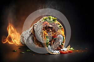 Big shawarma kebab fried on fire. Street food. Sandwich gyro fresh roll of lavash, pita bread chicken beef shawarma. 3d