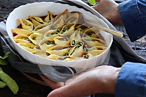 Big Shell Pasta Stuffed With Cheese, Pea