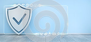 Shield icons in interior with web interface 3D rendering