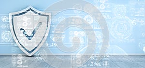 Shield icons in interior with web interface 3D rendering