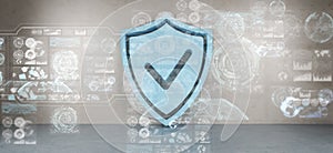 Shield icons in interior with web interface 3D rendering