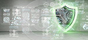 Shield icons in interior with web interface 3D rendering