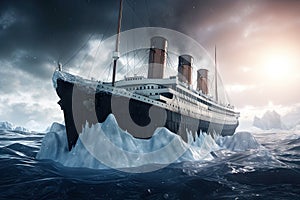 Big ship in the ocean with icebergs. illustration