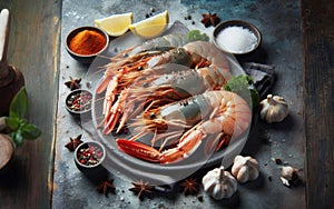 Big shrimps with seasonings in plate on stone rustic background from above. Fresh cooked delicious grilled shrimps