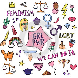 Big simple feminism set with protest symbols and text.