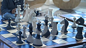 Big size chess board on table indoors. irrl close up two people male men sit at it and communicate