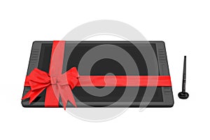 Big Size of Digital Graphics Drawing Tablet Monitor with Pen and Blank Screen as Gift with Red Ribbon and Bow. 3d Rendering