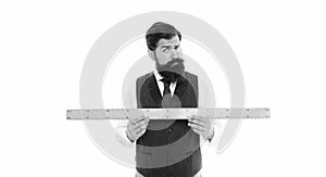 Big size. Measure and control. bearded man with ruler isolated on white. Size tall and length. Geometry theorem concept