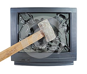 Big sledgehammer smashes old TV.