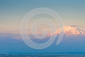 Big and Small Ararat with snow-capped peaks on a sunny morning