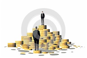 Big and small income, two businessmen near a pile of gold coins isolated on a white background. Generative ai