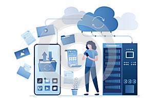 Big smartphone, female user uploading files in cloud storage. Upload and download data with remote servers via cloud technologies