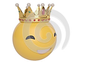 Big smile emoticon with golden crown on white background.3D illustration.