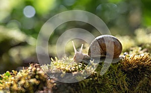 Big snail Helix pomatia on the moss in the forest