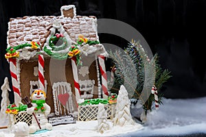 Big snow-covered homemade gingerbread house, a sprig of Christmas tree and a sugar mastic snowman on dark background