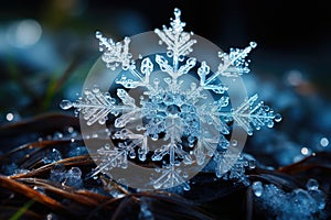 Big snowflake close-up, winter, snowdrifts and New Year\'s symbol, AI Generated