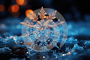 Big snowflake close-up, winter, snowdrifts and New Year\'s symbol, AI Generated