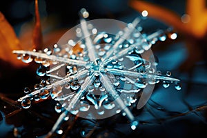 Big snowflake close-up, winter, snowdrifts and New Year\'s symbol, AI Generated