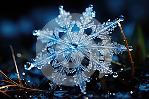 Big snowflake close-up, winter, snowdrifts and New Year\'s symbol, AI Generated