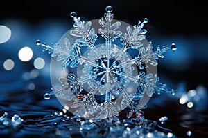 Big snowflake close-up, winter, snowdrifts and New Year\'s symbol, AI Generated