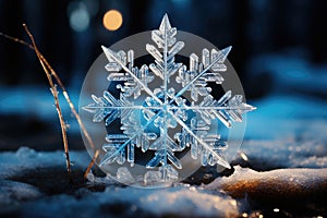 Big snowflake close-up, winter, snowdrifts and New Year\'s symbol, AI Generated