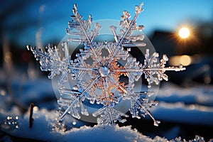 Big snowflake close-up, winter, snowdrifts and New Year\'s symbol, AI Generated