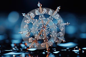 Big snowflake close-up, winter, snowdrifts and New Year\'s symbol, AI Generated