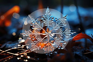 Big snowflake close-up, winter, snowdrifts and New Year\'s symbol, AI Generated