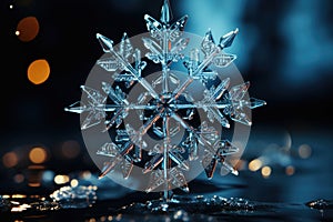 Big snowflake close-up, winter, snowdrifts and New Year\'s symbol, AI Generated