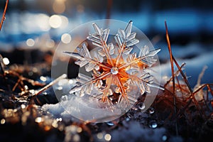 Big snowflake close-up, winter, snowdrifts and New Year\'s symbol, AI Generated