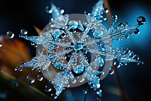 Big snowflake close-up, winter, snowdrifts and New Year\'s symbol, AI Generated