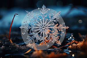 Big snowflake close-up, winter, snowdrifts and New Year\'s symbol, AI Generated