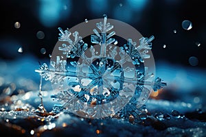 Big snowflake close-up, winter, snowdrifts and New Year\'s symbol, AI Generated