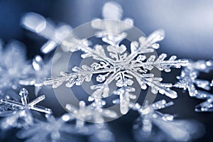 Big snowflake close-up, winter, snowdrifts and New Year\'s symbol, AI Generated