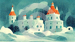 big snowy castle with orange top, roof, fairytale children book illustration, ai generated image