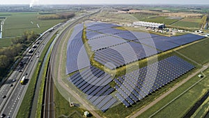 Big Solar panel farm with photovoltaic panels for clean solar energy