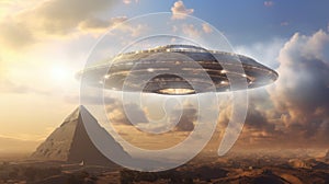 Big spaceship flying over pyramids, aliens and egyptian pyramids and UAP. Generative ai