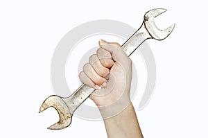 Big spanner in woman's hand