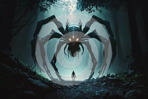 big spider monster in misty forest at night. Arachnophobia and nightmare. Generative AI illustration