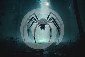 big spider monster in misty forest at night. Arachnophobia and nightmare. Generative AI illustration