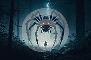 big spider monster in misty forest at night. Arachnophobia and nightmare. Generative AI illustration