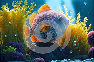 Big spotted fish on the background of blue ocean coral algae and sea urchins.Underwater world flora and fauna cartoon.