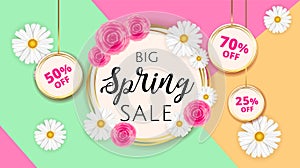 Big Spring sale banner template with camomiles and rose flower on geometric background and gold frame. Spring offer ads