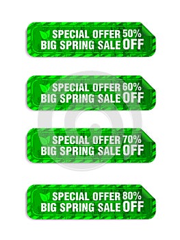 Big spring sale green long stickers set. Sale 50%, 60%, 70%, 80% off discount