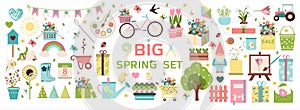 Big spring set. Vector garden tools, flowers. Flat design. Cute icons for a website, app or ad. Birds, plants, insects