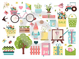 Big spring set. Vector garden tools, flowers. Flat design. Cute icons for a website, app or ad. Birds, plants, insects