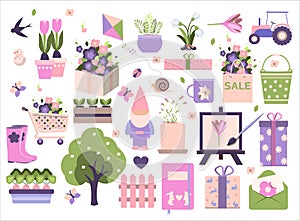 Big spring set. Vector garden tools, flowers. Flat design. Cute icons for a website, app or ad. Birds, plants, insects