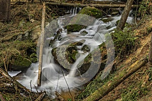 Big spring water on nice creek in spring day in Krusne mountains